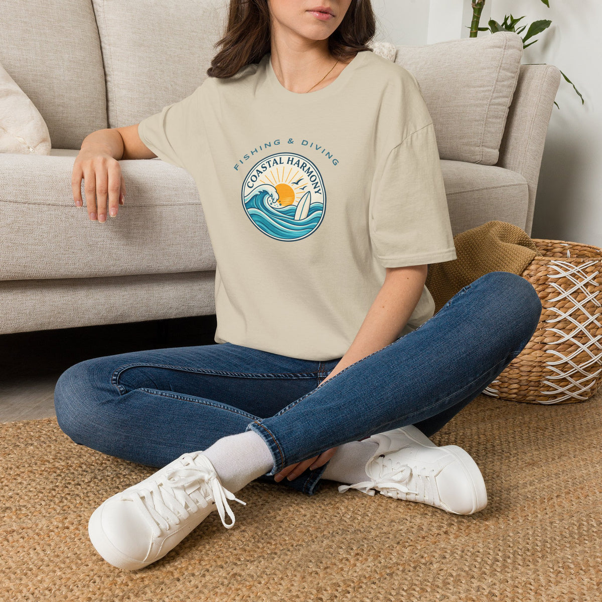 Coastal Harmony Surf & Fishing T-Shirt — Sun, Waves & Surfboard Graphic