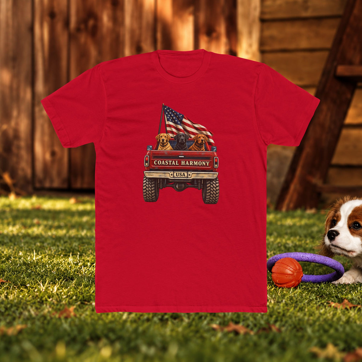 Coastal Harmony USA Golf Cart Tee — Patriotic Dog Truck T-Shirt