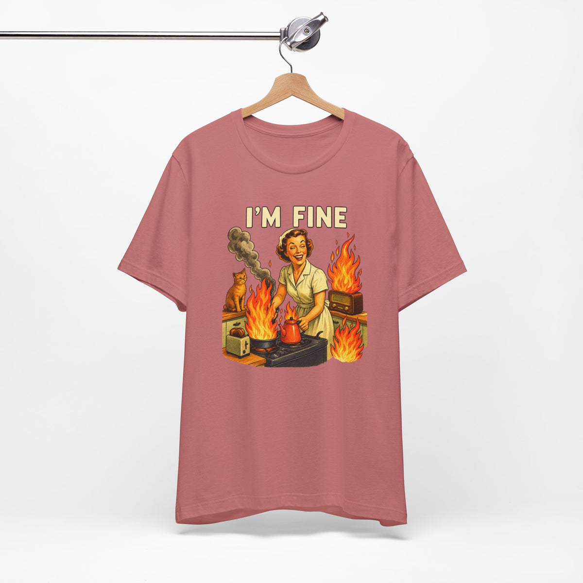 I'm Fine T‑Shirt — Retro Housewife Amid Kitchen Flames Graphic Tee