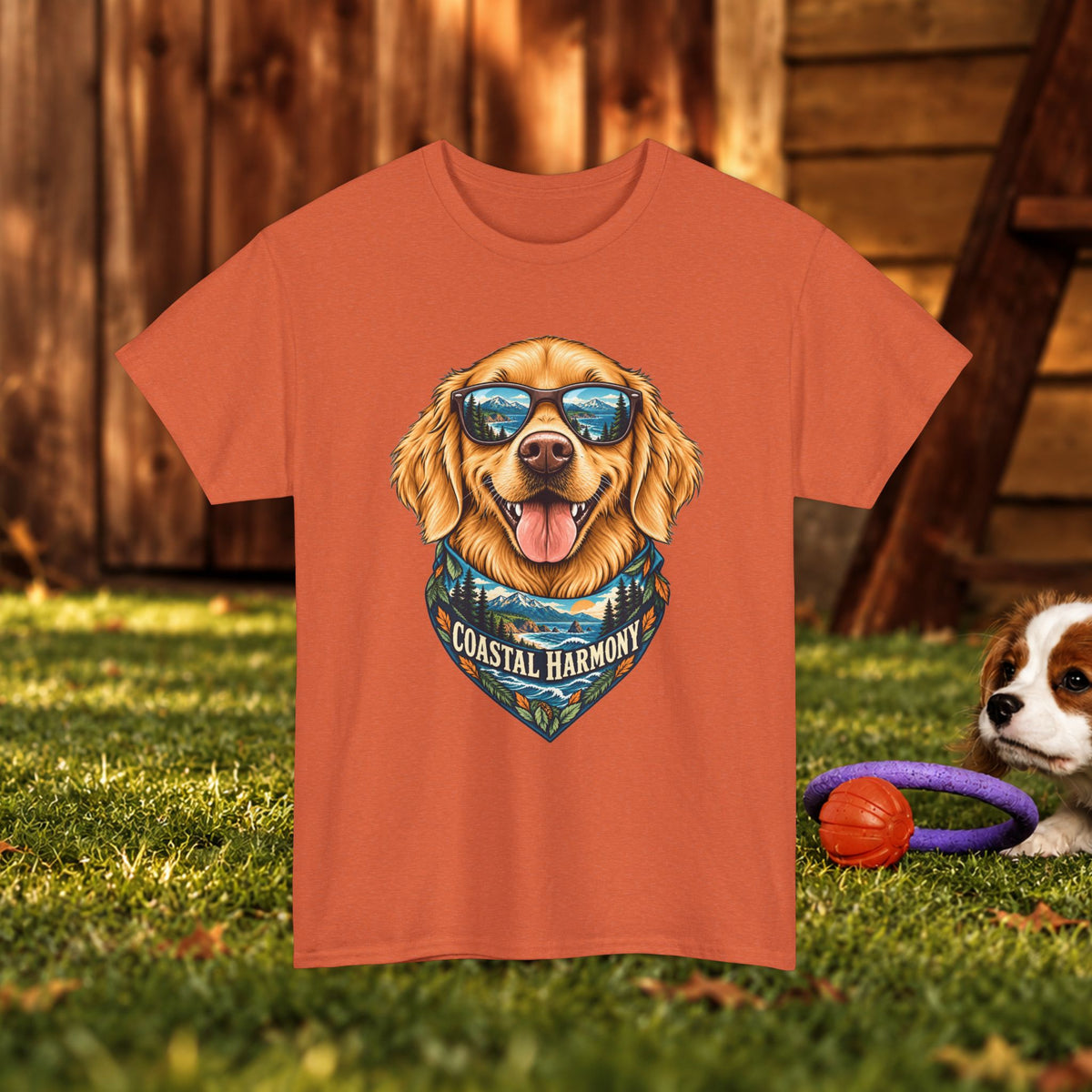 Golden Retriever Coastal Harmony T-Shirt — Dog Lover Beach Tee