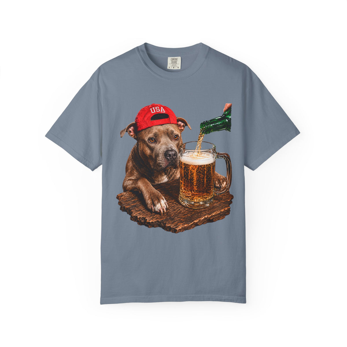 Dog with Beer T-Shirt — USA Red Cap Pitbull Drinking Beer Graphic Tee