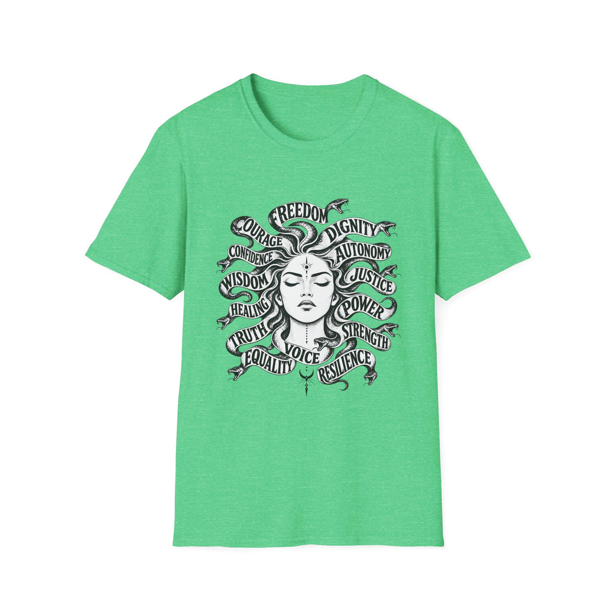 T-Shirt — Feminist Goddess Typography Tee (Freedom • Dignity • Autonomy • Justice)