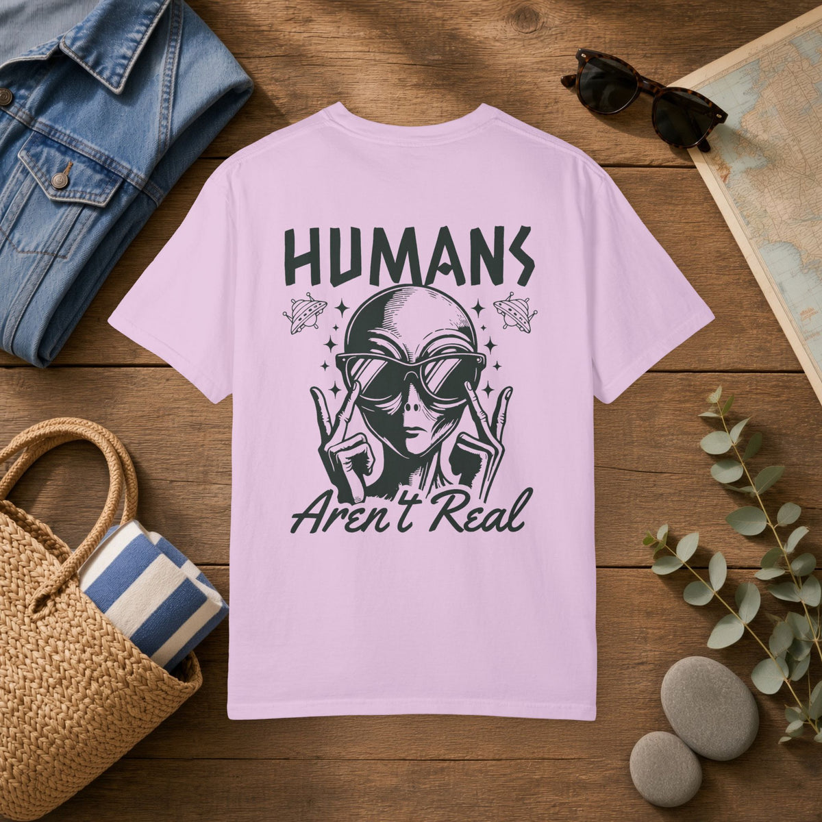 Alien Graphic T-Shirt — "Humans Aren't Real" Retro UFO Tee