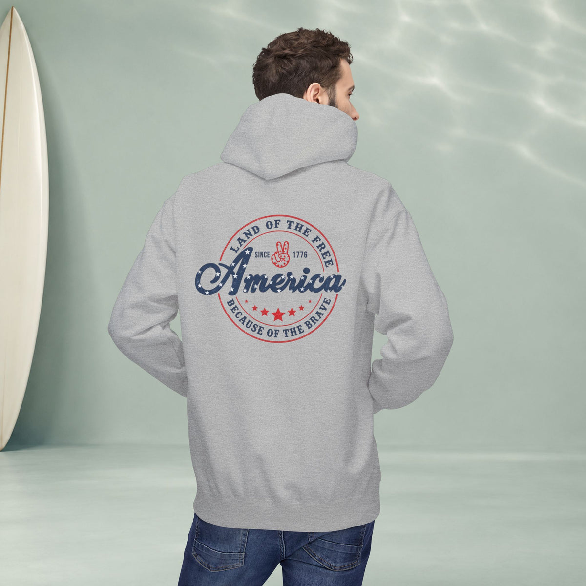 America Vintage Badge Hoodie — "Land of the Free, Because of the Brave"