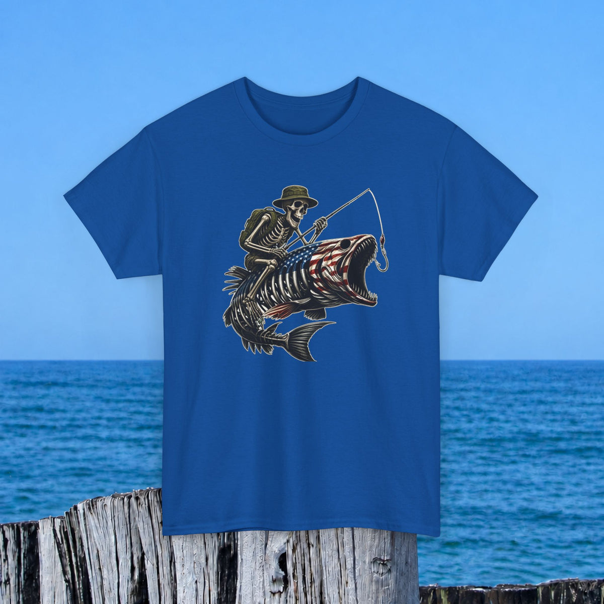 Fishing Skeleton T-Shirt — Patriotic American Fish Skull Graphic Tee