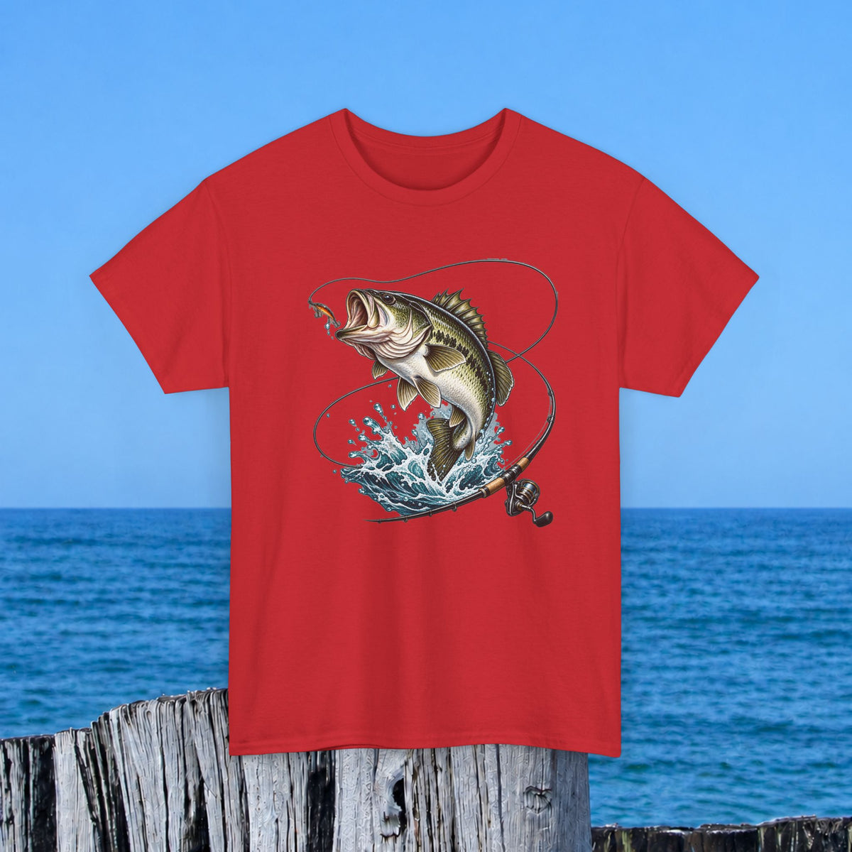 Bass Fishing T-Shirt – Leaping Fish & Reel Graphic Tee