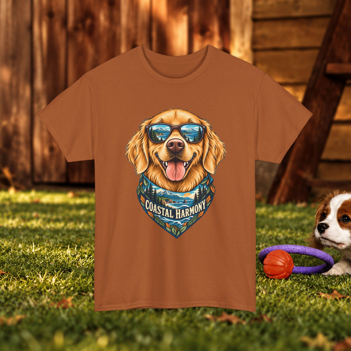 Golden Retriever Coastal Harmony T-Shirt — Dog Lover Beach Tee