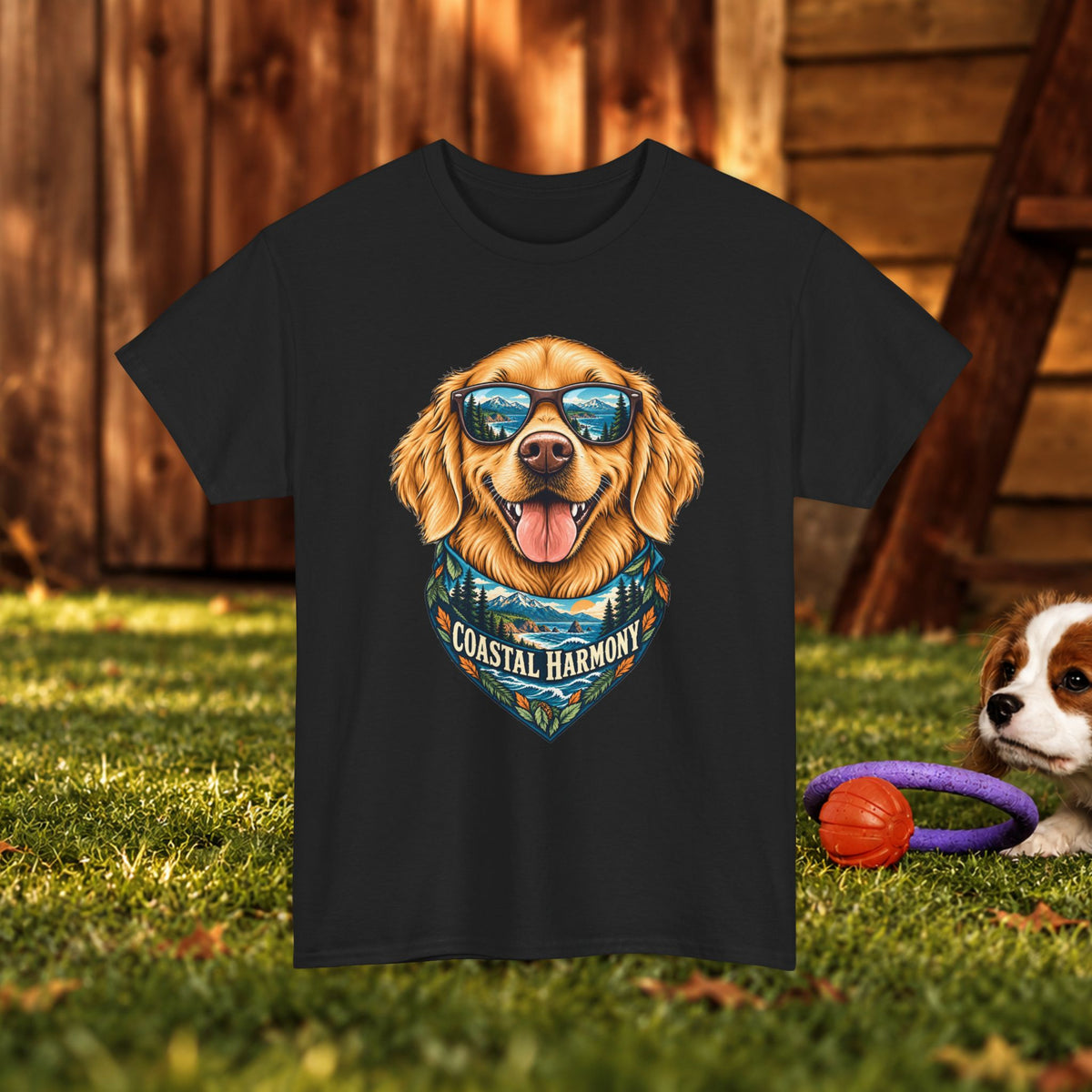 Golden Retriever Coastal Harmony T-Shirt — Dog Lover Beach Tee