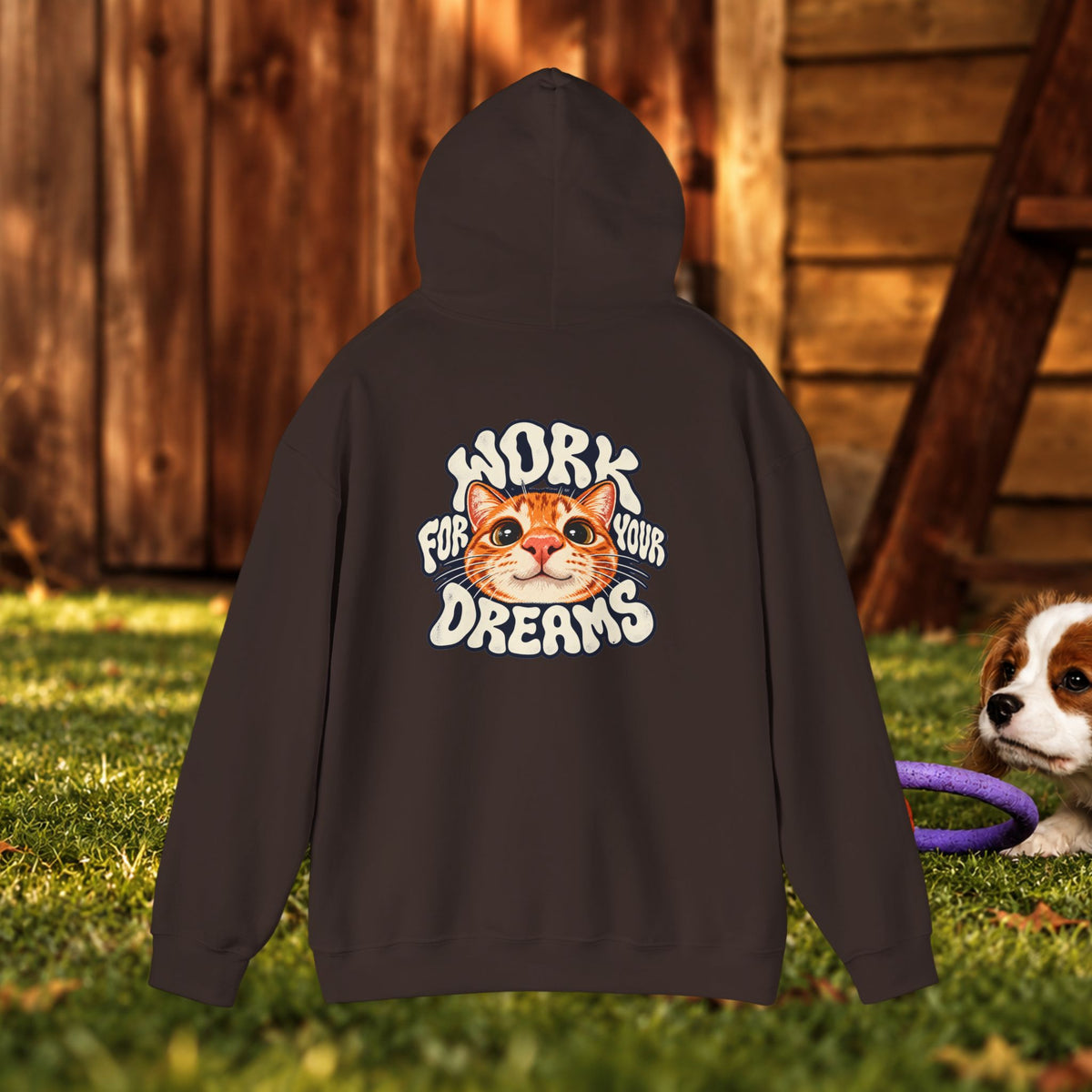 Hoodie - "Work For Your Dreams" Cute Cat Retro Graphic Hooded Sweatshirt