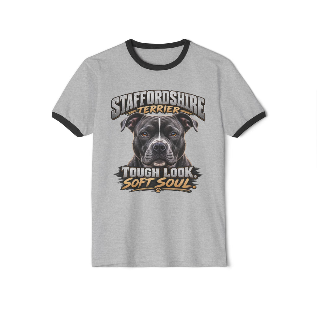 Staffordshire Terrier Ringer T-Shirt — "Tough Look, Soft Soul" Dog Lover Tee