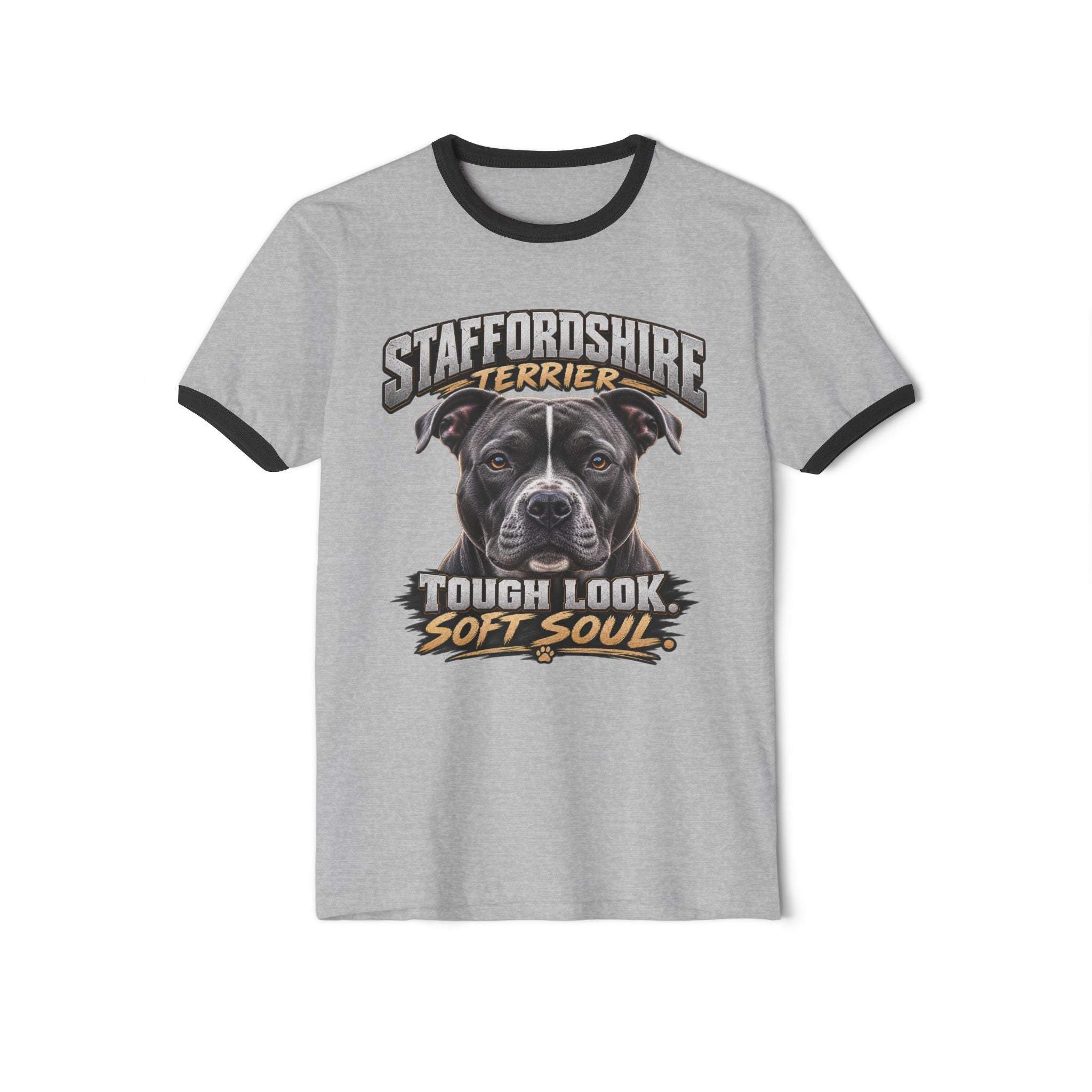 Staffordshire Terrier Ringer T-Shirt — "Tough Look, Soft Soul" Dog Lover Tee
