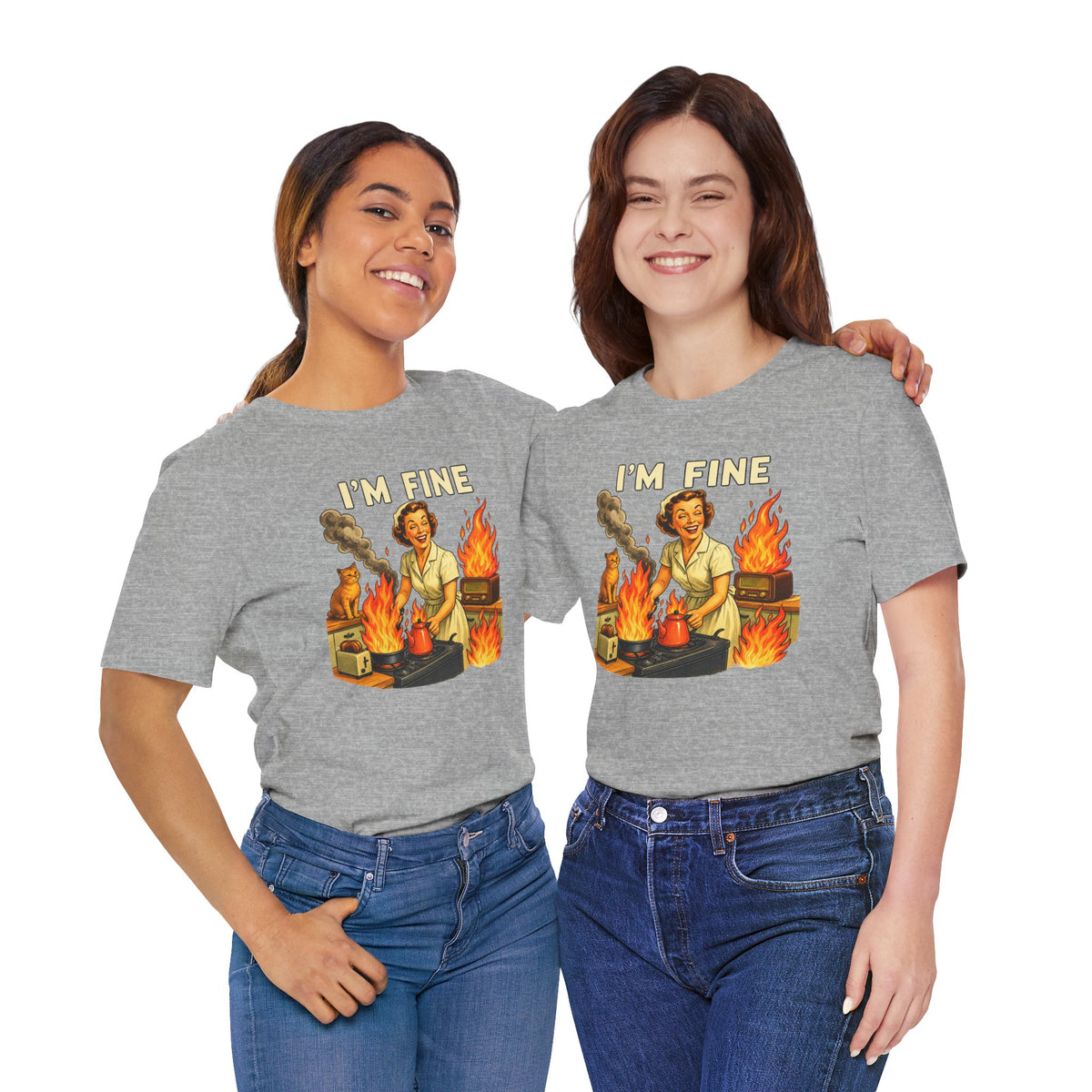 I'm Fine T‑Shirt — Retro Housewife Amid Kitchen Flames Graphic Tee