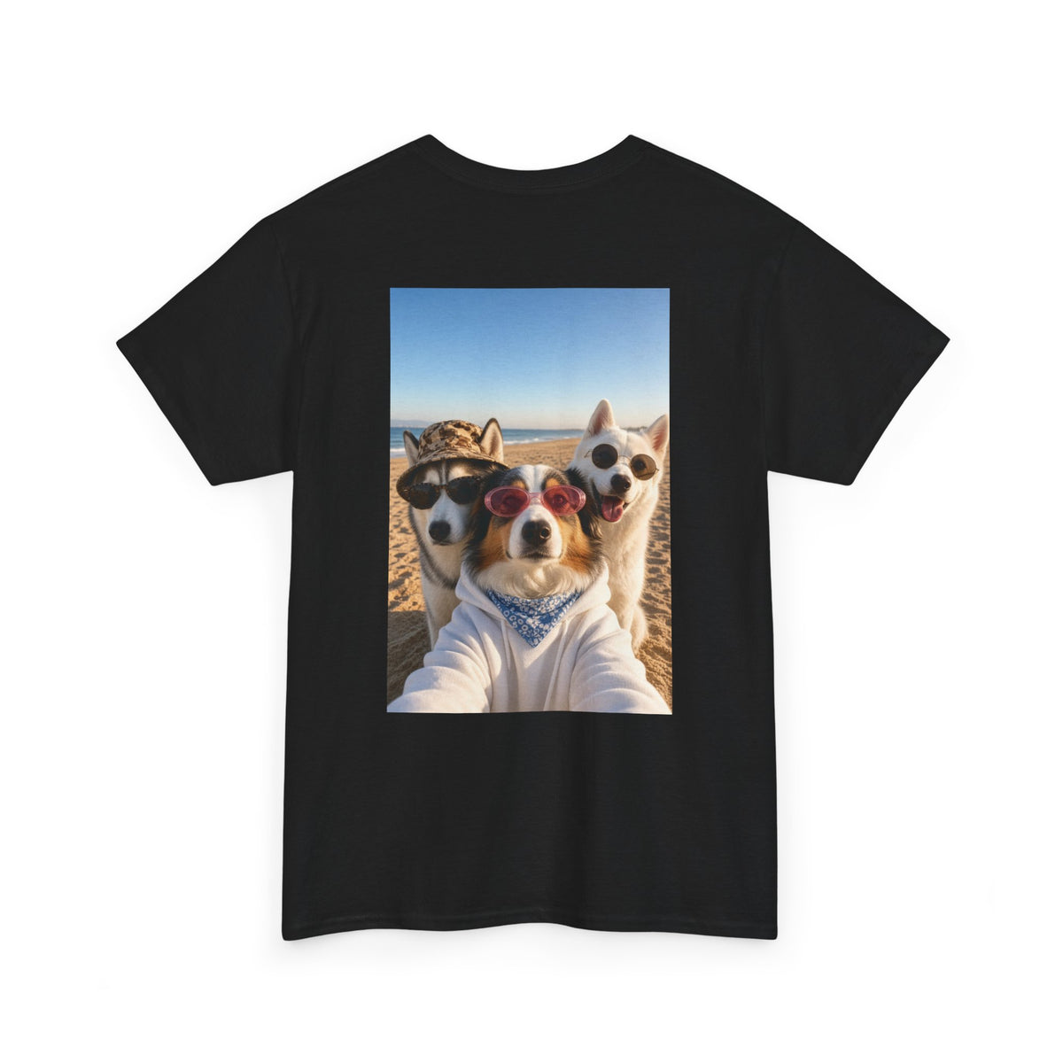 Dog Selfie Beach T‑Shirt — Cute Trio Sunglasses Photo Tee