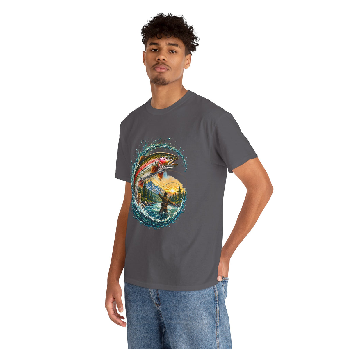 Fishing T-Shirt — Rainbow Trout Wave Design (Fisherman Sunset Scene)