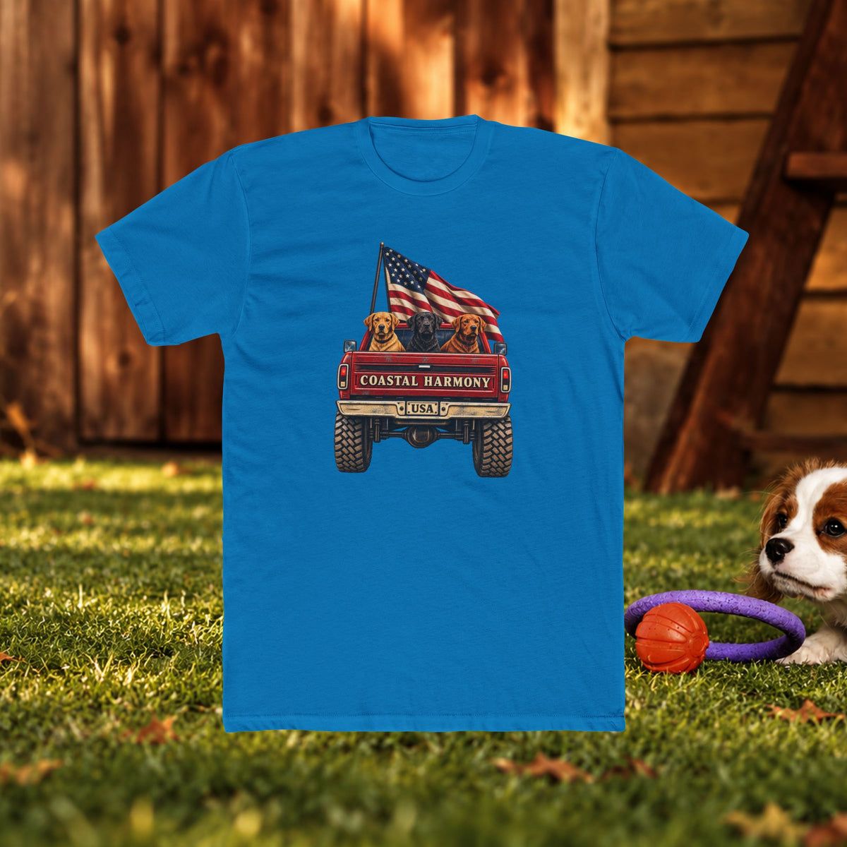 Coastal Harmony USA Golf Cart Tee — Patriotic Dog Truck T-Shirt