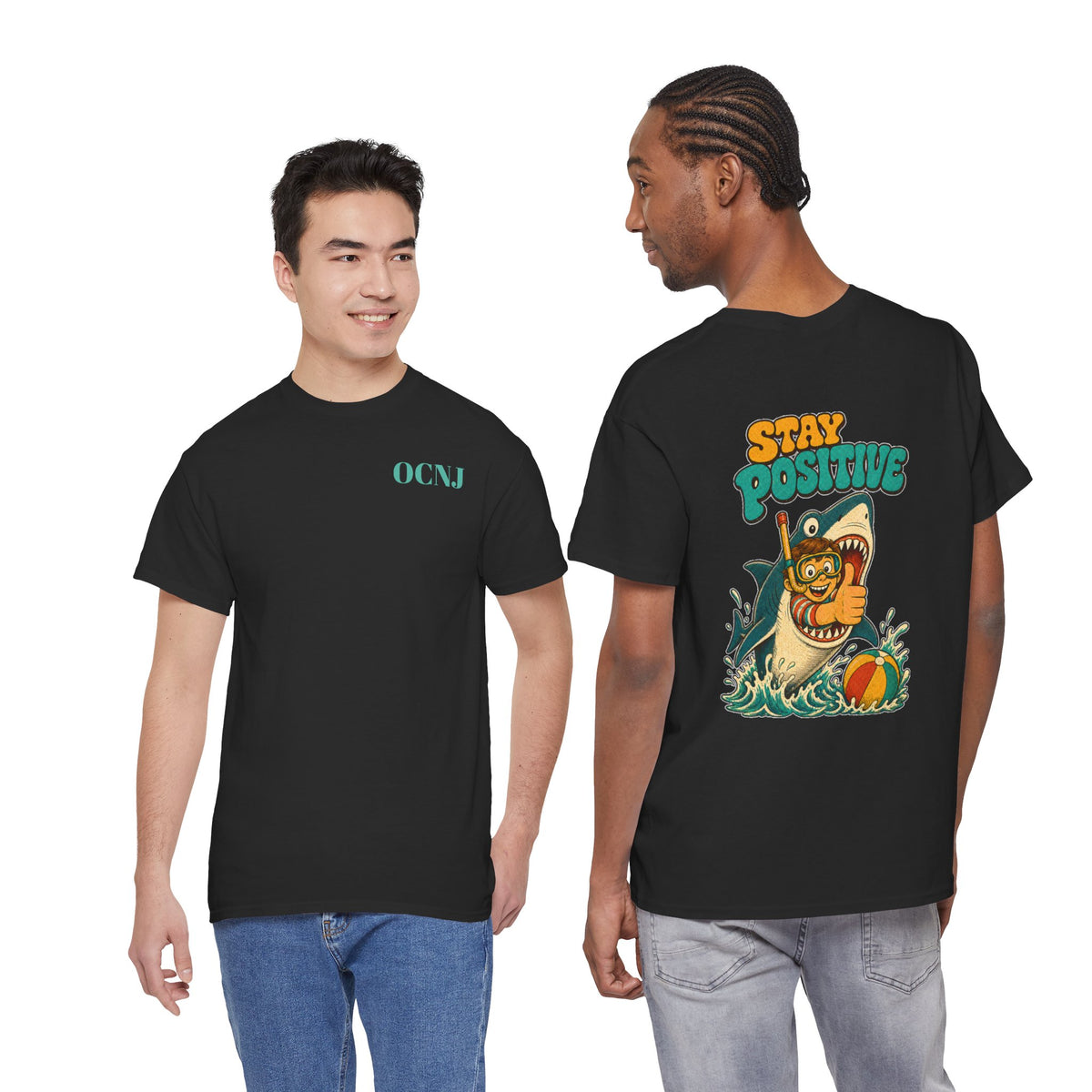 Stay Positive Shark Tee - Retro Surf Graphic T-Shirt