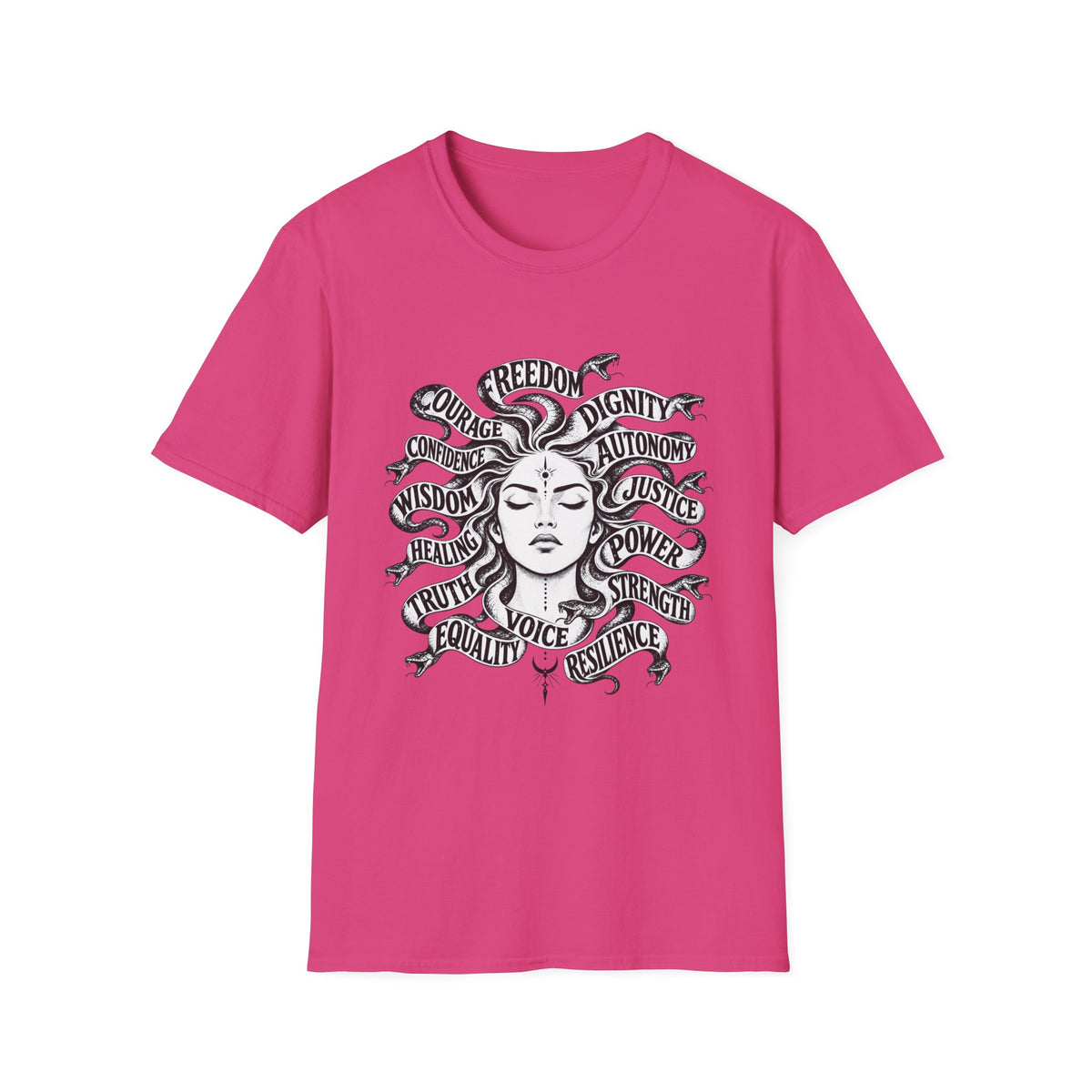 T-Shirt — Feminist Goddess Typography Tee (Freedom • Dignity • Autonomy • Justice)