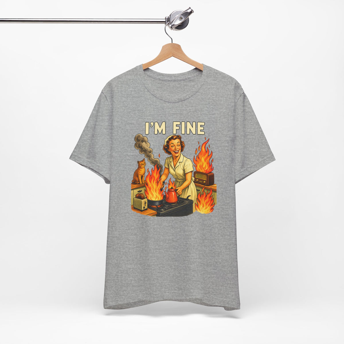 I'm Fine T‑Shirt — Retro Housewife Amid Kitchen Flames Graphic Tee