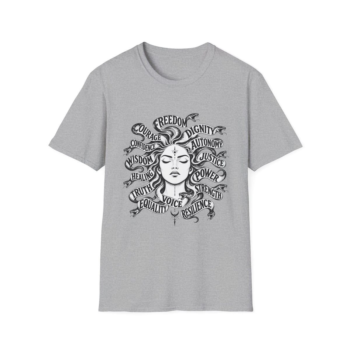 T-Shirt — Feminist Goddess Typography Tee (Freedom • Dignity • Autonomy • Justice)