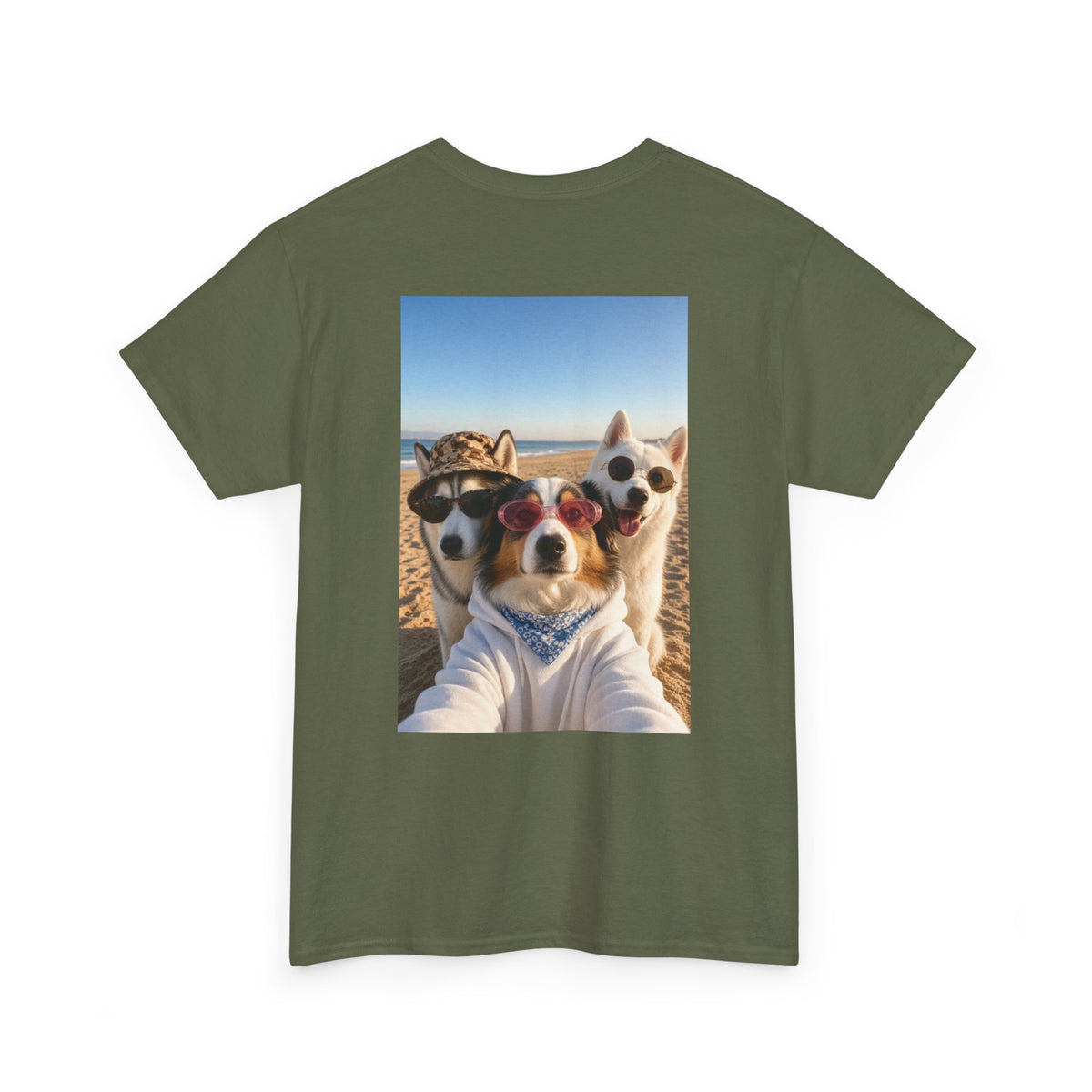 Dog Selfie Beach T‑Shirt — Cute Trio Sunglasses Photo Tee