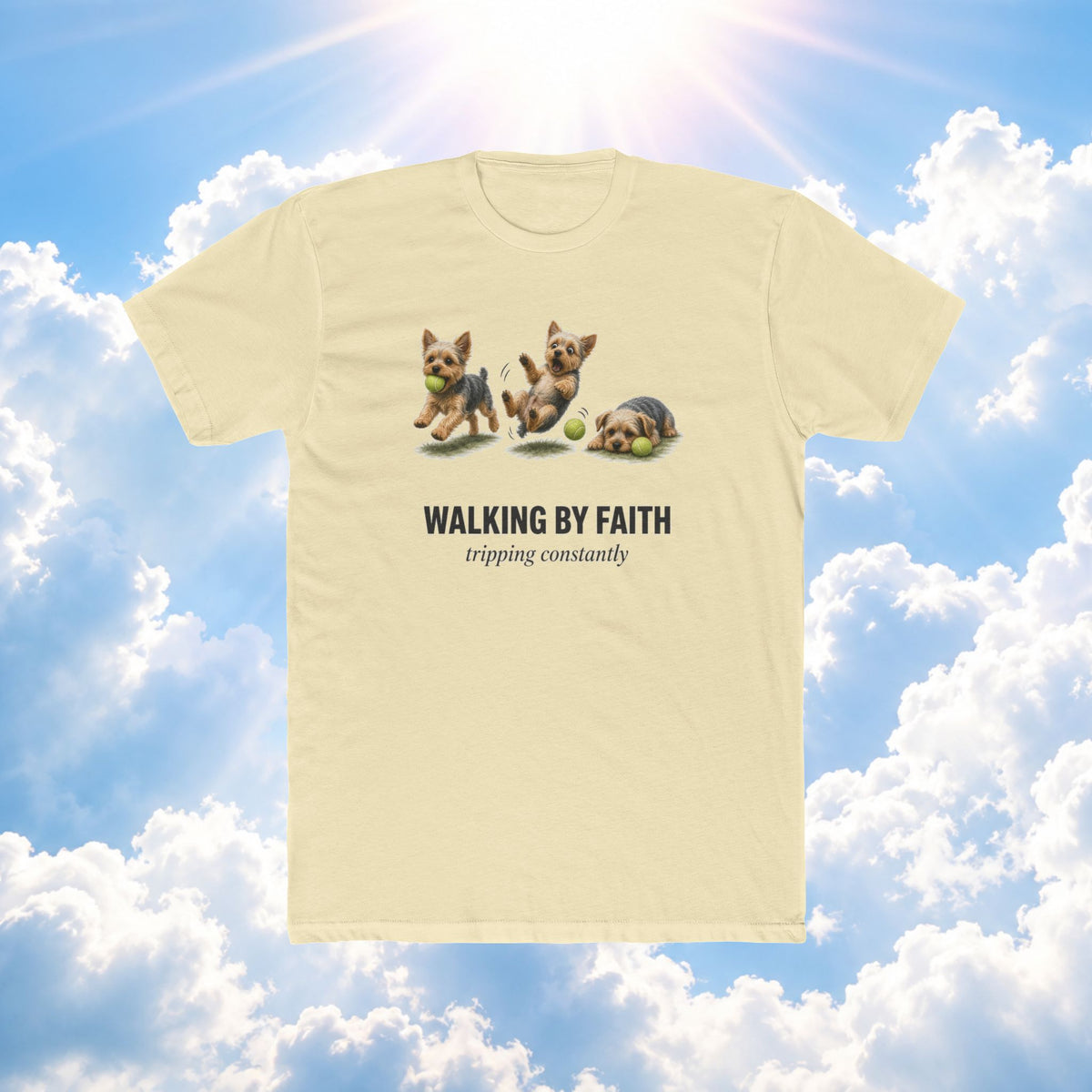Walking by Faith Tee – Cute Puppy 'Walking By Faith, tripping constantly' Christian Graphic T-Shirt