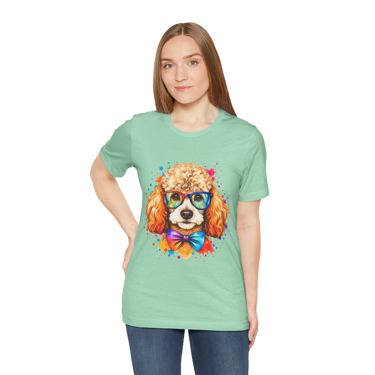 Poodle Portrait T-Shirt - Colorful Glasses & Bow Tie Dog Tee