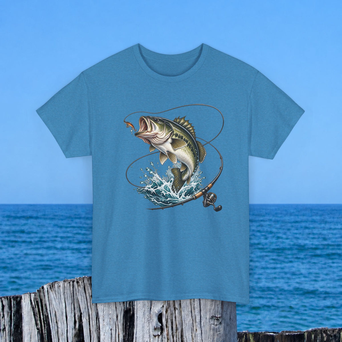Bass Fishing T-Shirt – Leaping Fish & Reel Graphic Tee