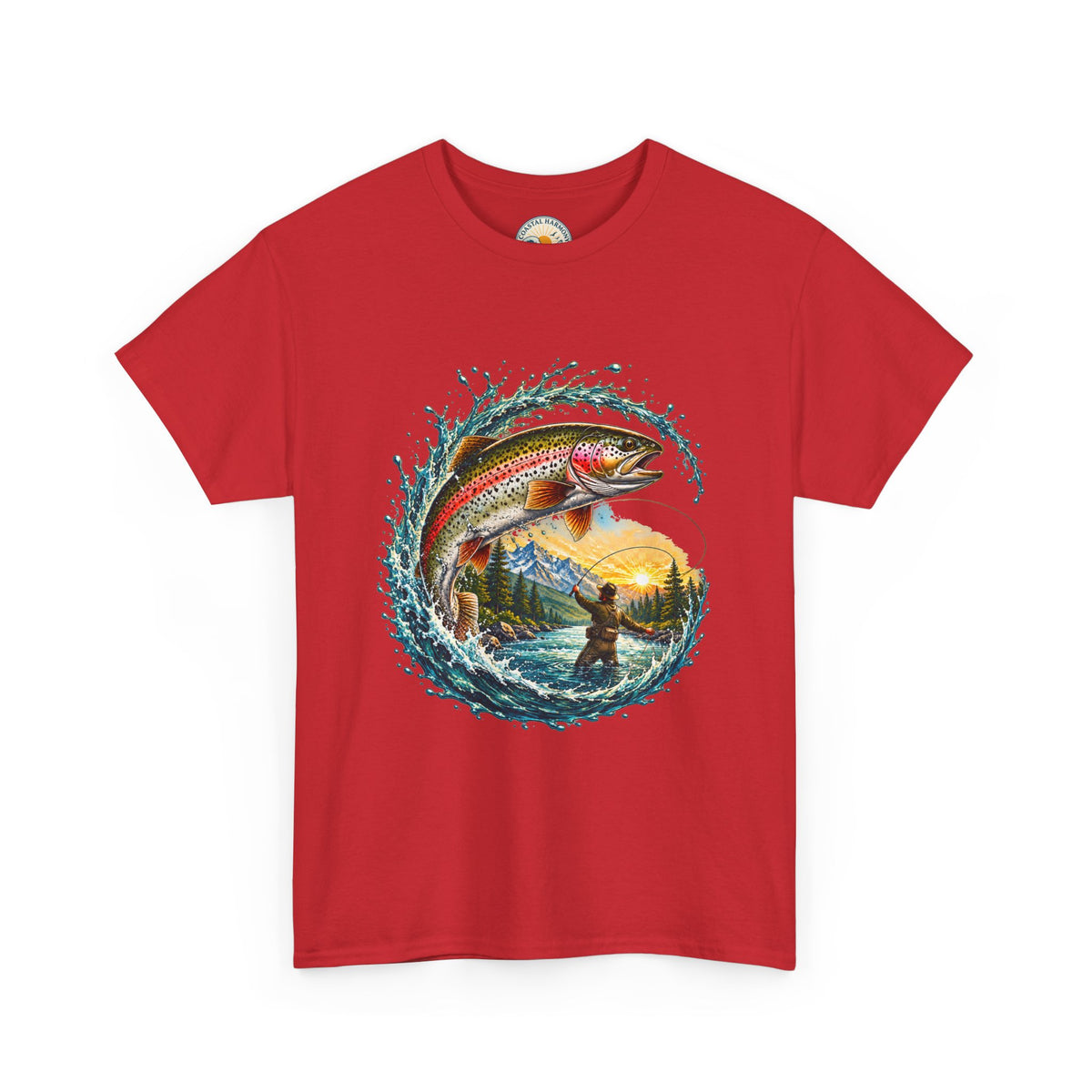 Fishing T-Shirt — Rainbow Trout Wave Design (Fisherman Sunset Scene)