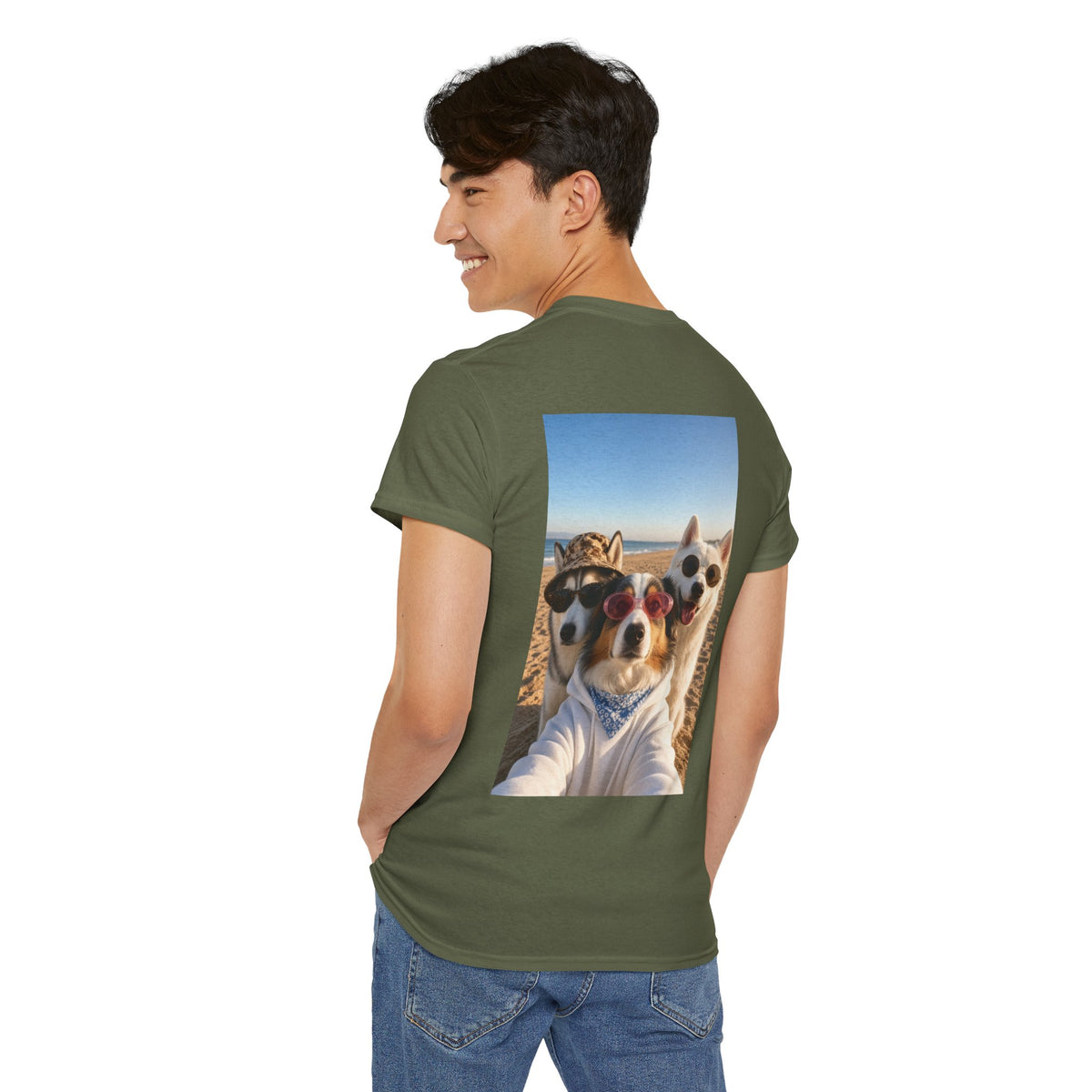 Dog Selfie Beach T‑Shirt — Cute Trio Sunglasses Photo Tee