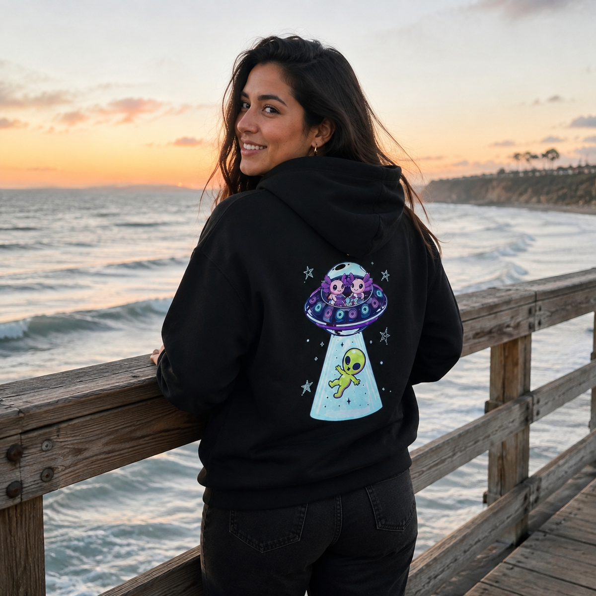 Alien Cat UFO Hoodie — Cute Abduction Graphic Pullover