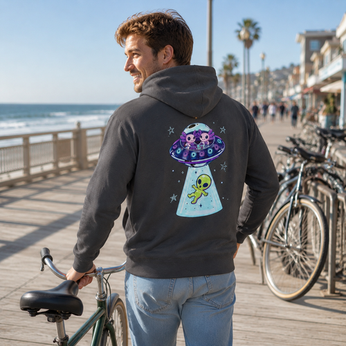 Alien Cat UFO Hoodie — Cute Abduction Graphic Pullover