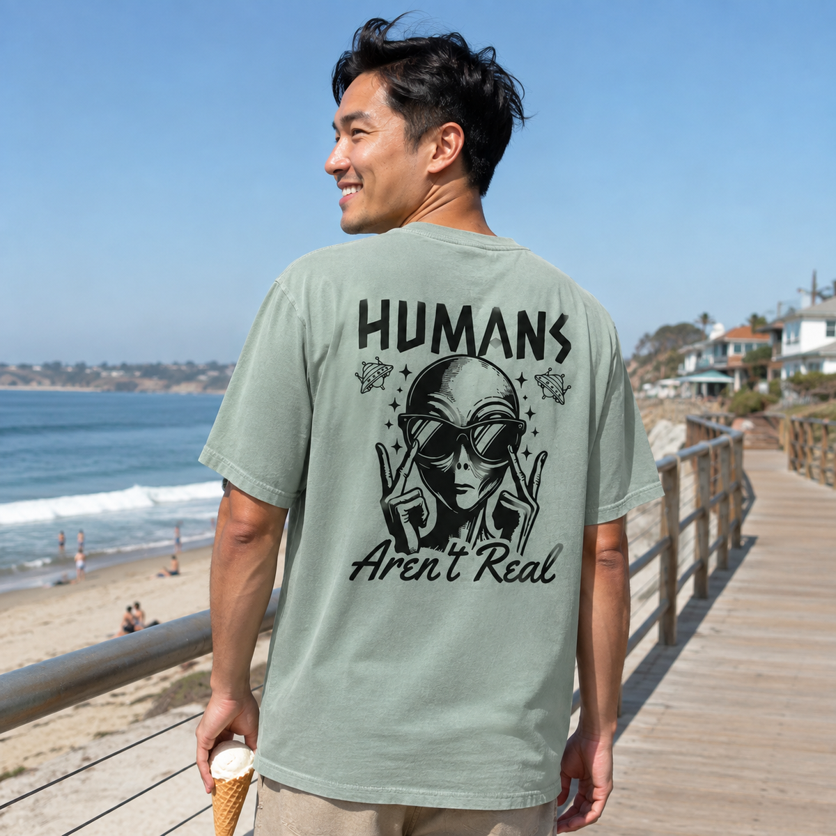 Alien Graphic T-Shirt — "Humans Aren't Real" Retro UFO Tee