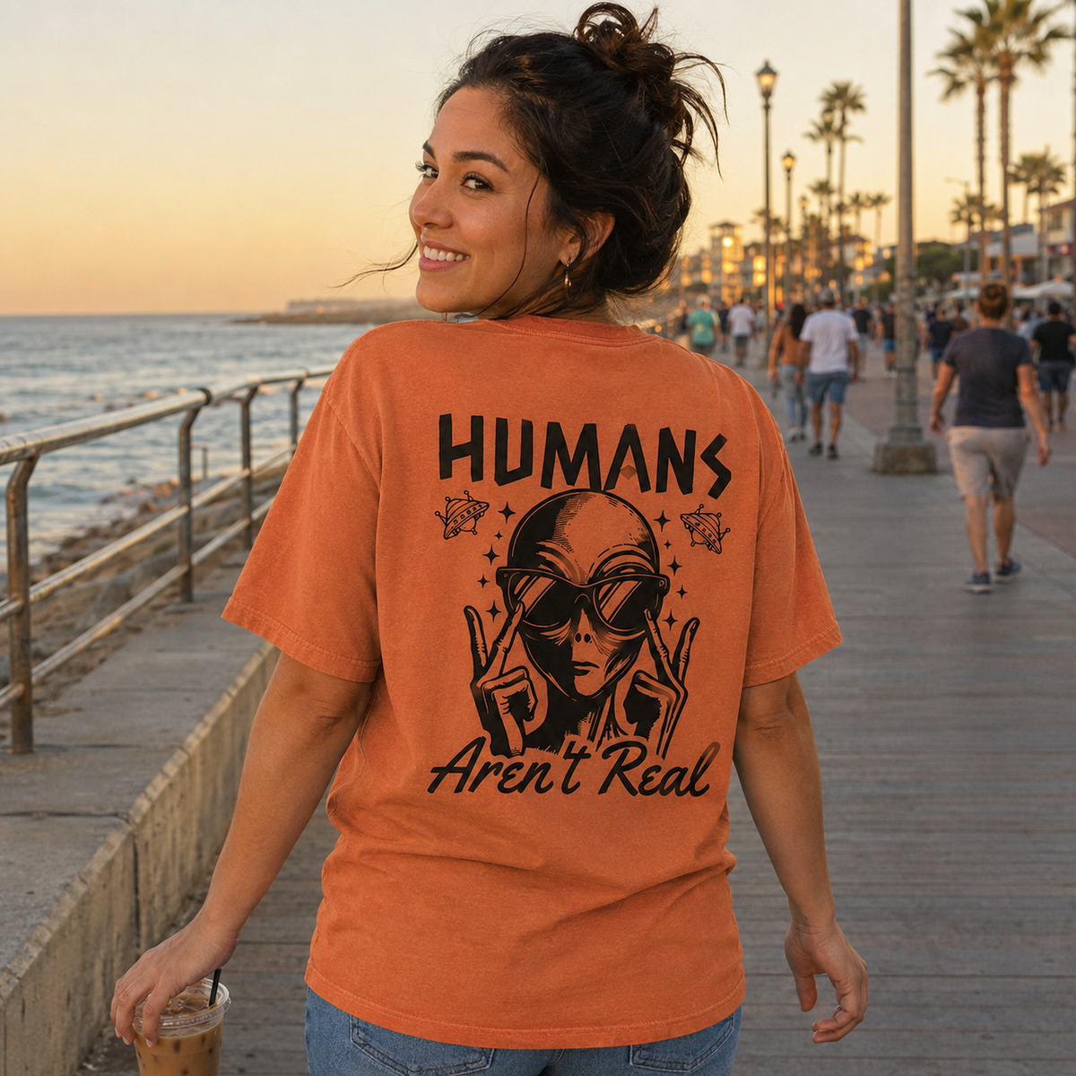 Alien Graphic T-Shirt — "Humans Aren't Real" Retro UFO Tee