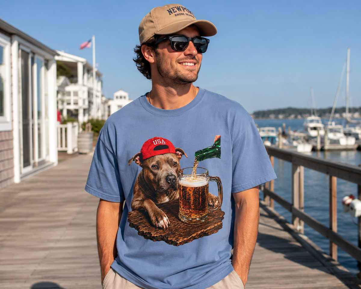 Dog with Beer T-Shirt — USA Red Cap Pitbull Drinking Beer Graphic Tee