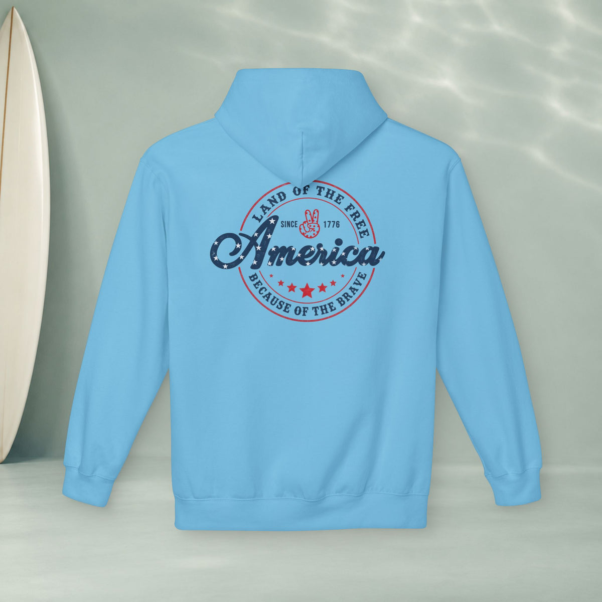 America Vintage Badge Hoodie — "Land of the Free, Because of the Brave"