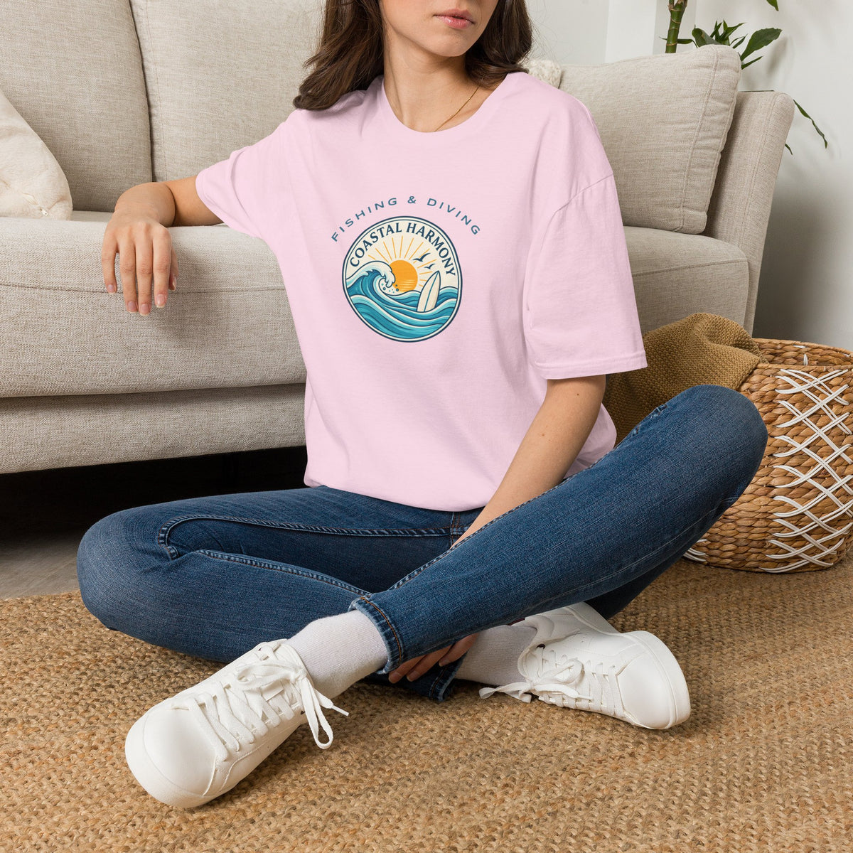 Coastal Harmony Surf & Fishing T-Shirt — Sun, Waves & Surfboard Graphic
