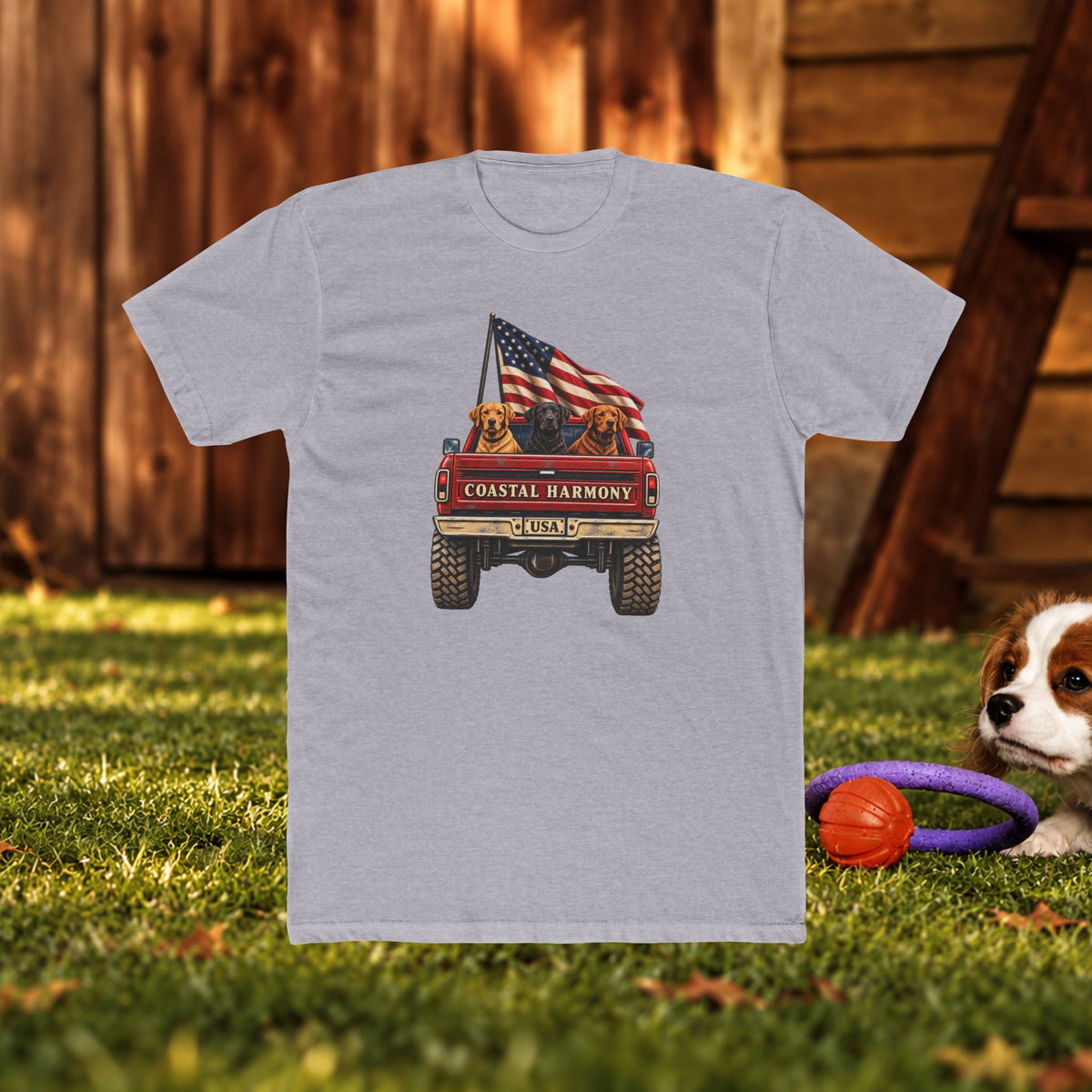 Coastal Harmony USA Golf Cart Tee — Patriotic Dog Truck T-Shirt