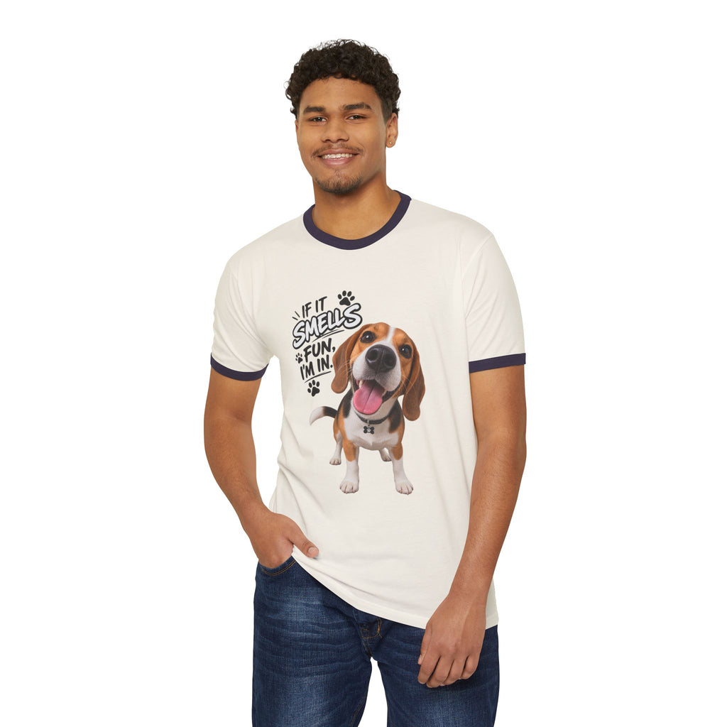 Beagle Smiles Ringer T-Shirt — "If It Smells Fun I'm In" Dog Tee