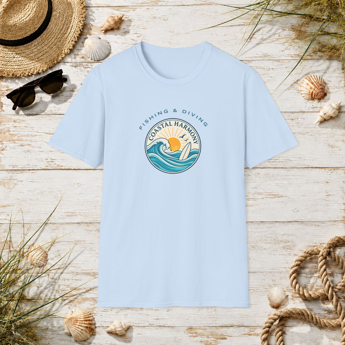 Coastal Harmony Surf & Fishing T-Shirt — Sun, Waves & Surfboard Graphic