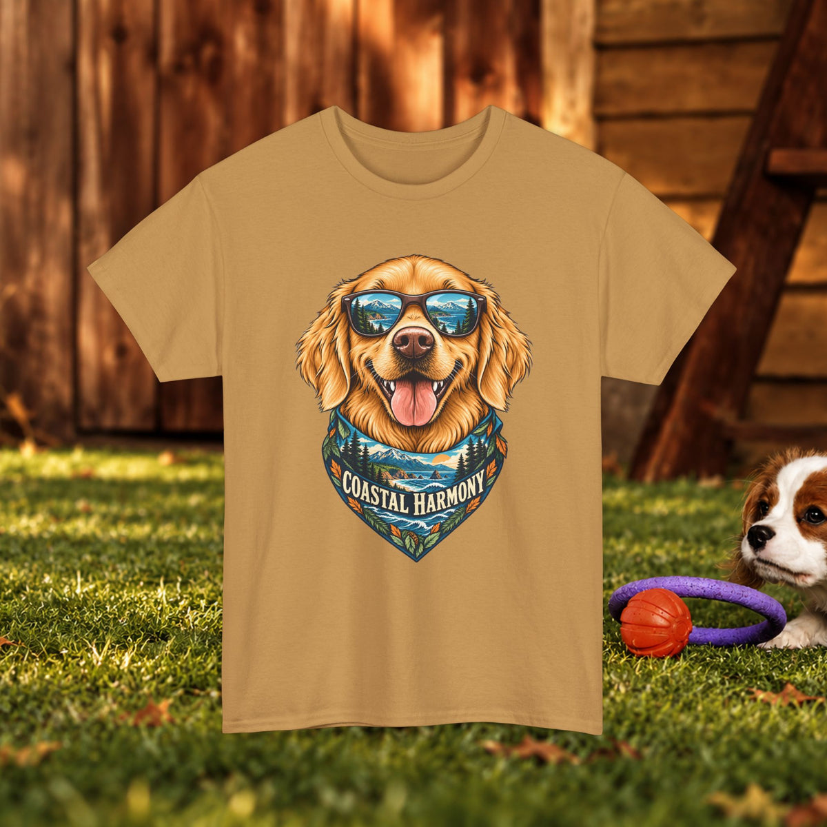 Golden Retriever Coastal Harmony T-Shirt — Dog Lover Beach Tee