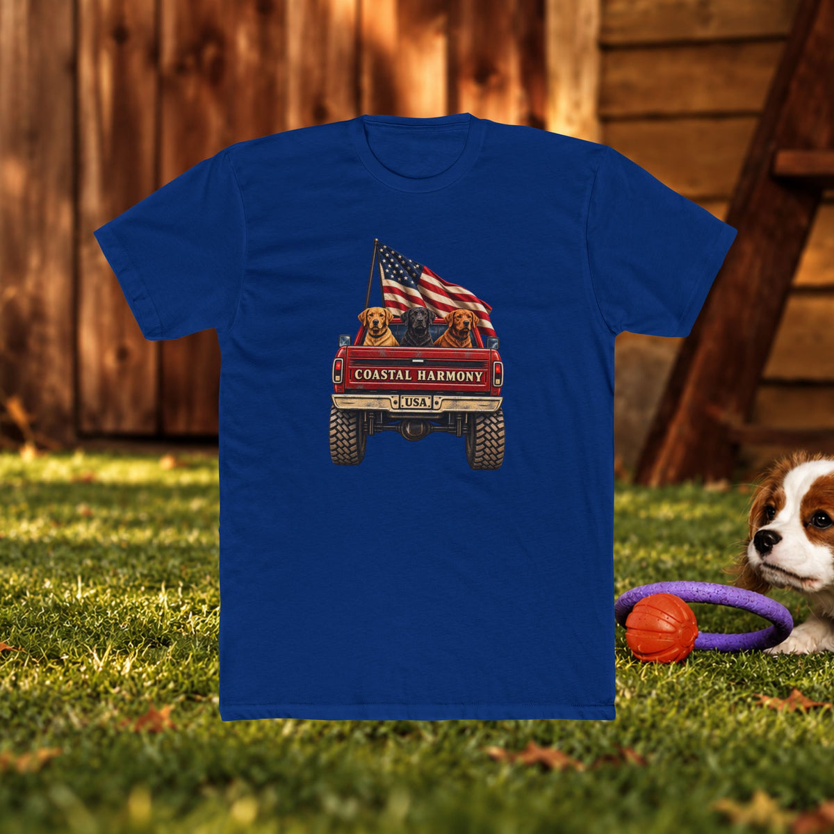 Coastal Harmony USA Golf Cart Tee — Patriotic Dog Truck T-Shirt