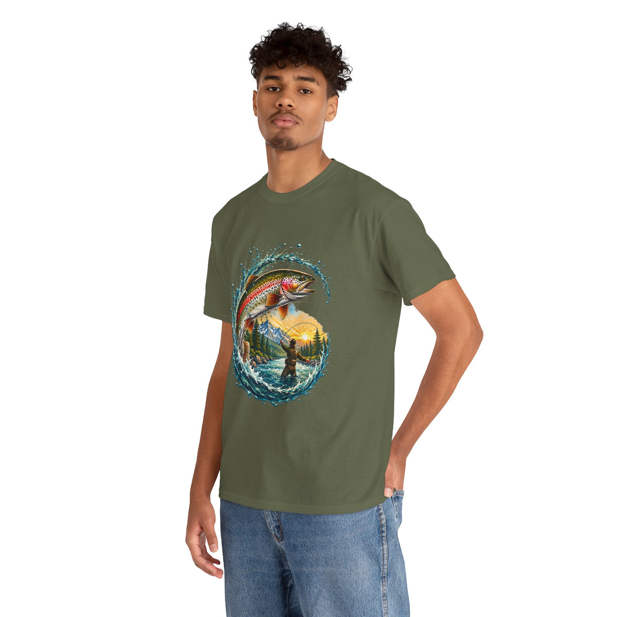 Fishing T-Shirt — Rainbow Trout Wave Design (Fisherman Sunset Scene)