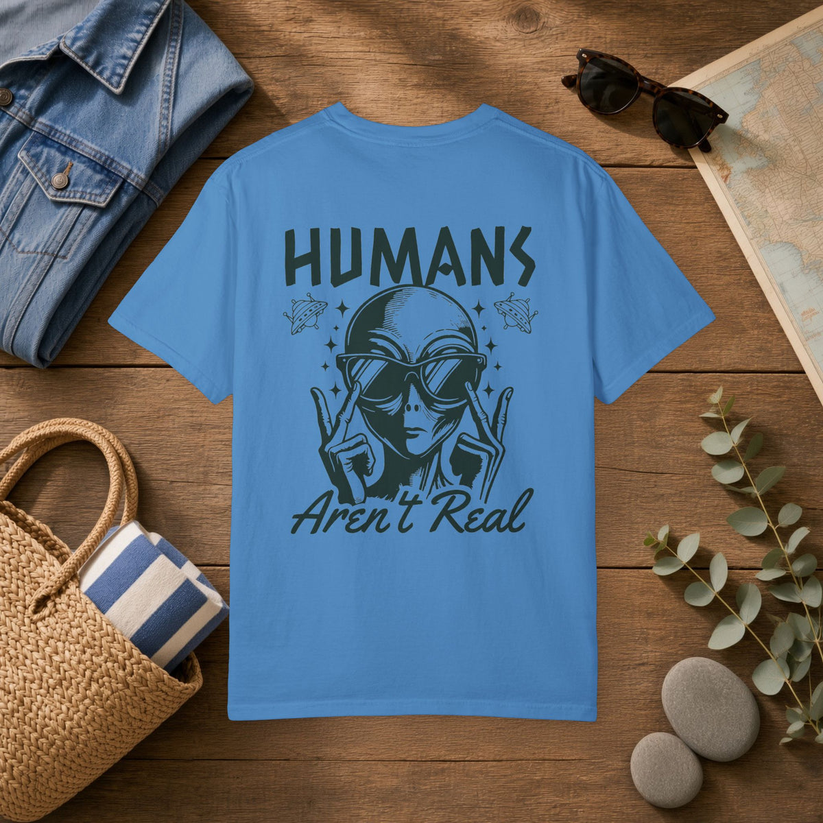 Alien Graphic T-Shirt — "Humans Aren't Real" Retro UFO Tee