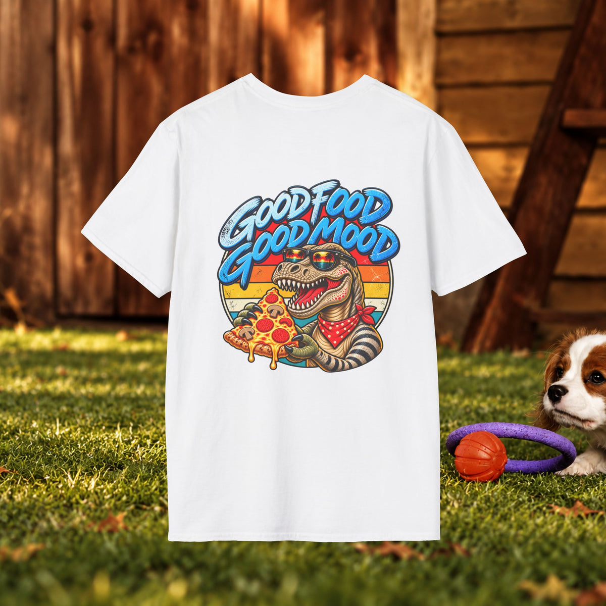 T-Shirt — "Good Food Good Mood" Raccoon Pizza Graphic Tee