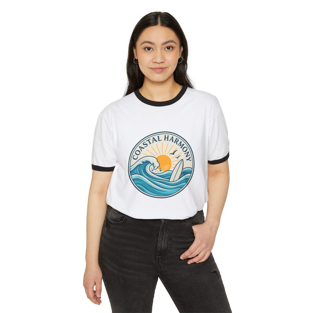Coastal Harmony Ringer T‑Shirt — Surf Sun Wave Graphic Tee