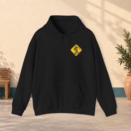 Alien Crossing Hoodie — Yellow Warning Sign Graphic Sweatshirt