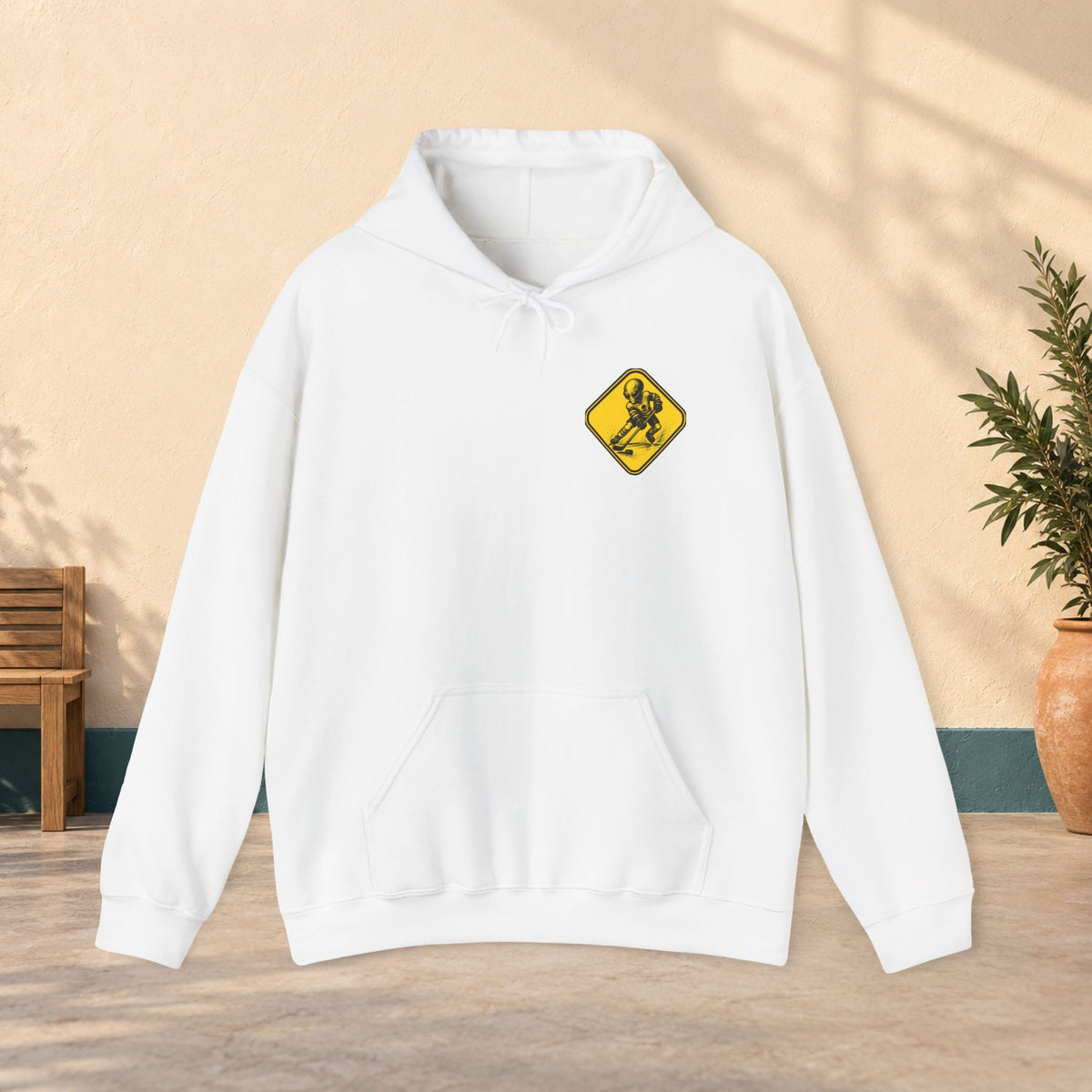 Ski Crossing Hoodie — Yellow Warning Sign Skiing Sweatshirt