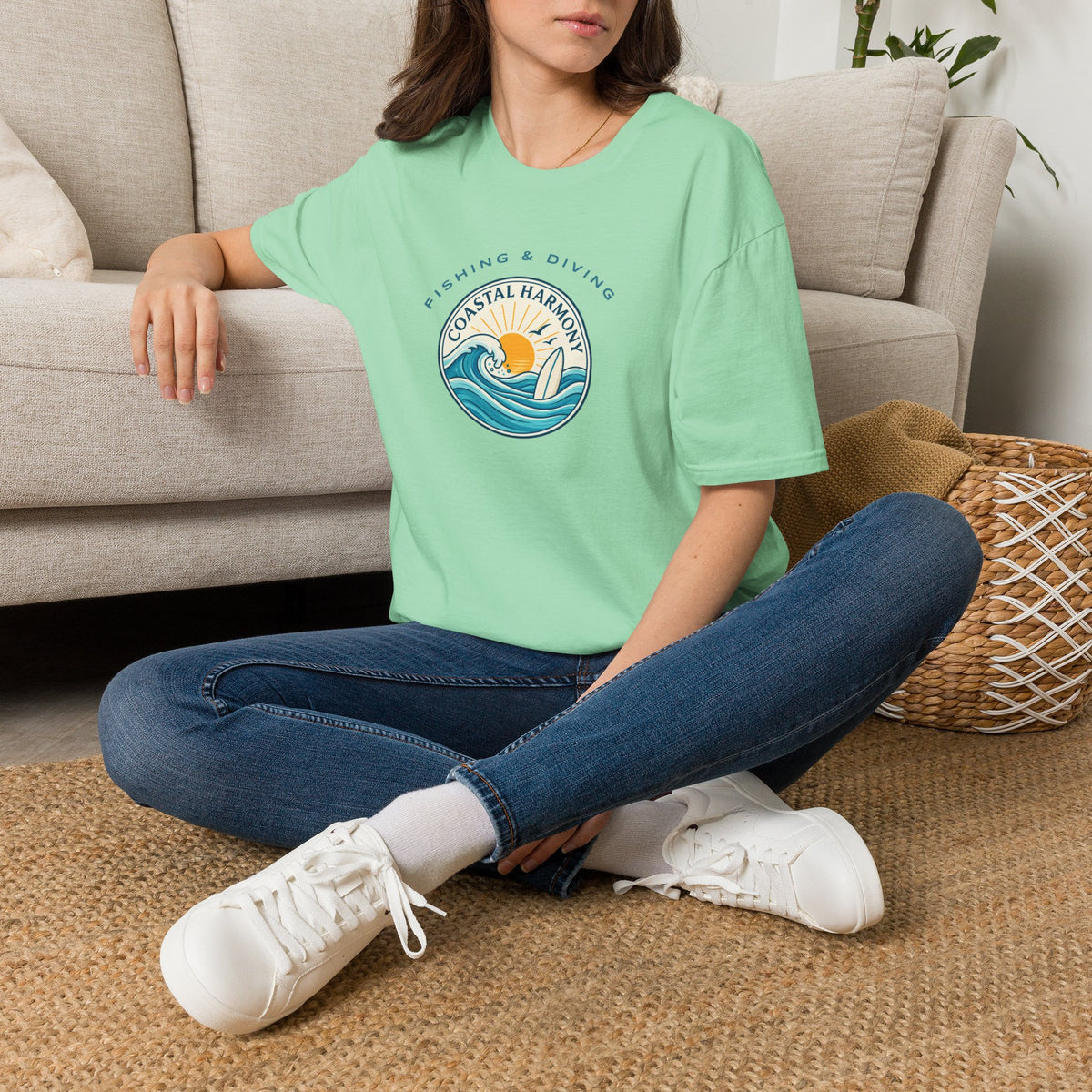 Coastal Harmony Surf & Fishing T-Shirt — Sun, Waves & Surfboard Graphic