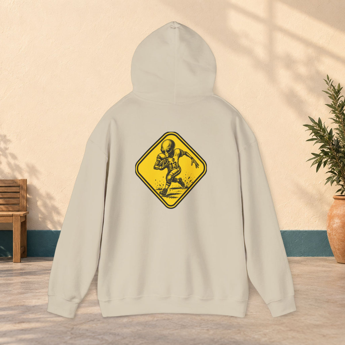 Alien Crossing Hoodie — Yellow Warning Sign Graphic Sweatshirt