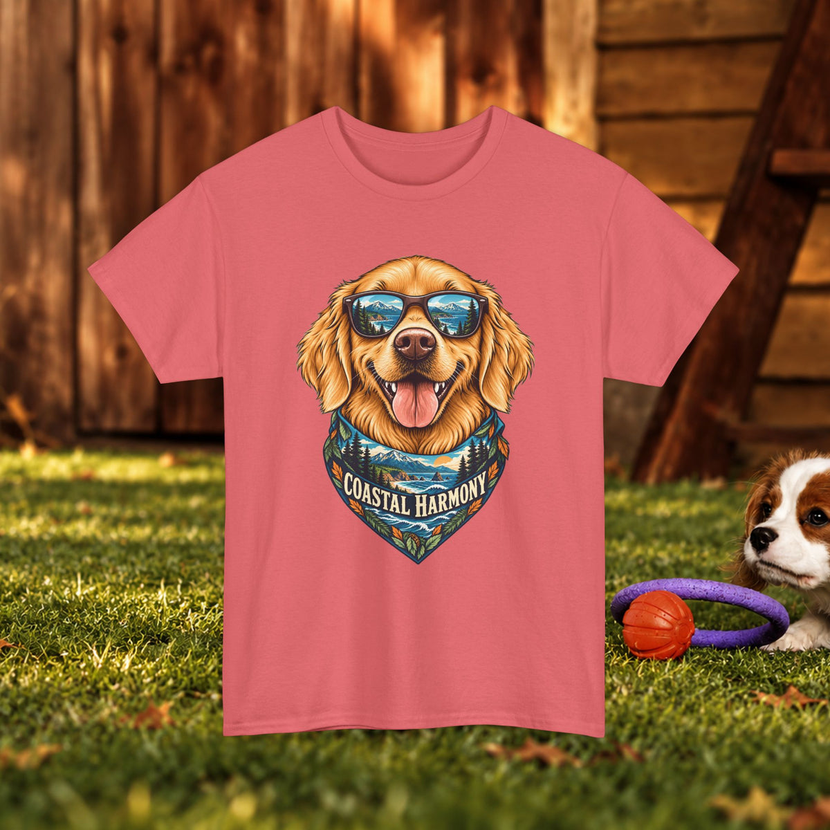 Golden Retriever Coastal Harmony T-Shirt — Dog Lover Beach Tee